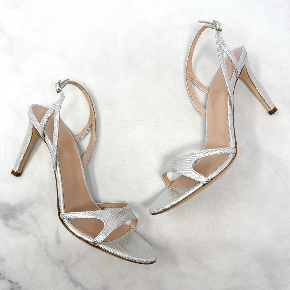 NEW Giuseppe Zanotti Metallic Leather Strappy Mid Height Sandal Heels Silver 37